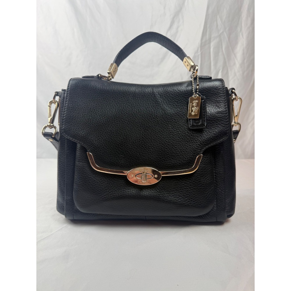 Coach Madison Sadie Black Pebbled Leather Flap Satchel Bag Gold Hardware #mc